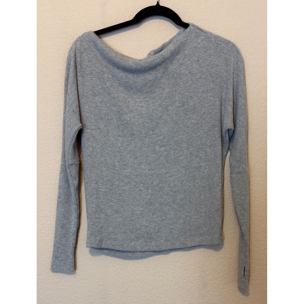 Enza Costa Heather Gray Ribbed Assym Boat Neck Long Sleeve Top Thumbholes S?